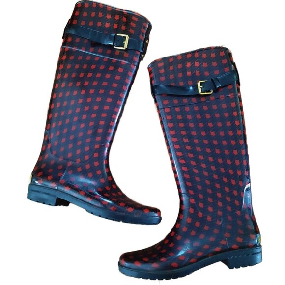 Ralph Lauren Rossalyn II Red Houndstooth Tall Rain Boots US Size 8 Rubber - Picture 1 of 13